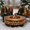 Grup de prieteni stând în zăpadă în jurul unui focar rotund din oțel Corten, savurând băuturi calde