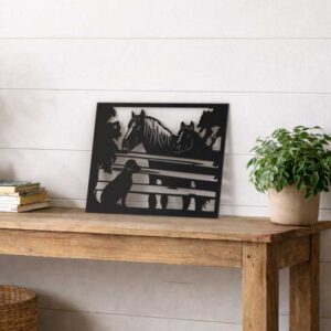 Decoratiune Metalica Perete – Cai si Caine la Gard, 400x300mm, Otel 3mm, Negru sau Alb