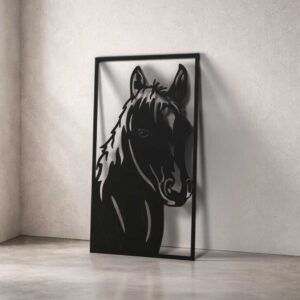 Decorațiune metalică perete – Cap de cal, oțel 2mm, negru mat, 215x400mm