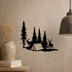 Decoratiune Metalica Perete – Cerbi in Padure, 310x260mm, Otel 2mm, Negru